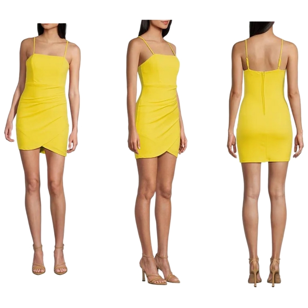 Midnight Doll Junior's Square Neck Wrap Dress Size 3 Neon Yellow NEW